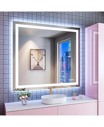 Amorho Led Bathroom Mirror, 40" x 36" with Front Light and Backlit, Stepless Dimmable Wall Mount Mirrors, Anti-Fog, Shatter-Proof, Memory, 3