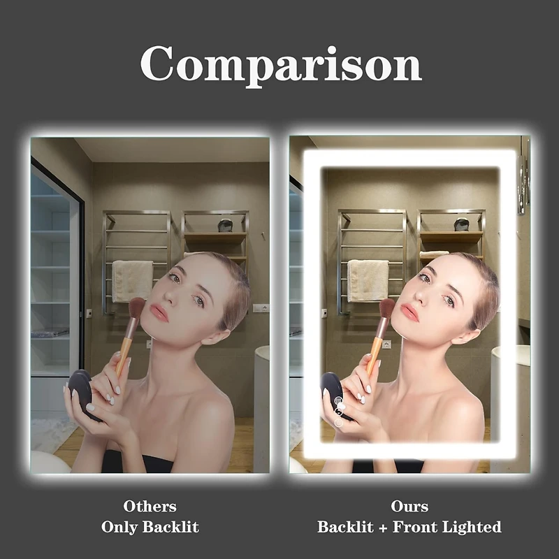 Amorho Led Bathroom Mirror, 40" x 38" with Front Light and Backlit, Stepless Dimmable Wall Mount Mirrors, Anti-Fog, Shatter-Proof, Memory, 3