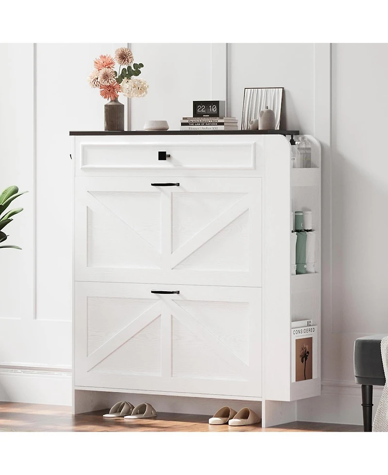 Ironck Shoe Storage Cabinet with 2 Flip Drawers & Barn Door, White/Black