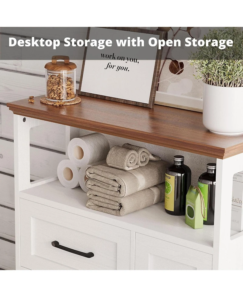 Farmhouse Storage Cabinet with 4 Drawers & Shelves, White/Walnut