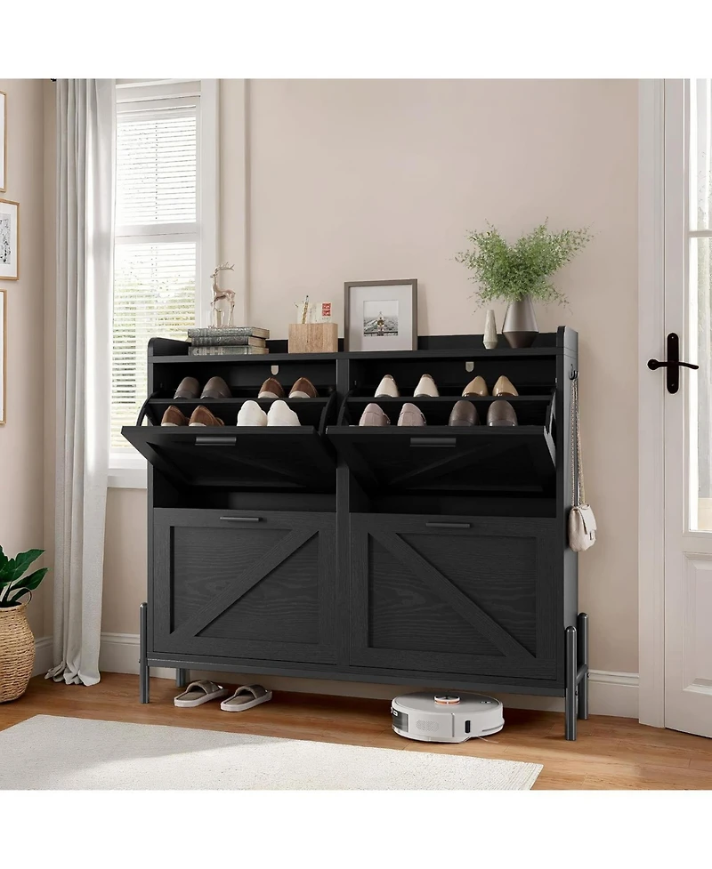 Ironck Shoe Storage Cabinet with 4 Flip Drawers, Metal Legs, Black