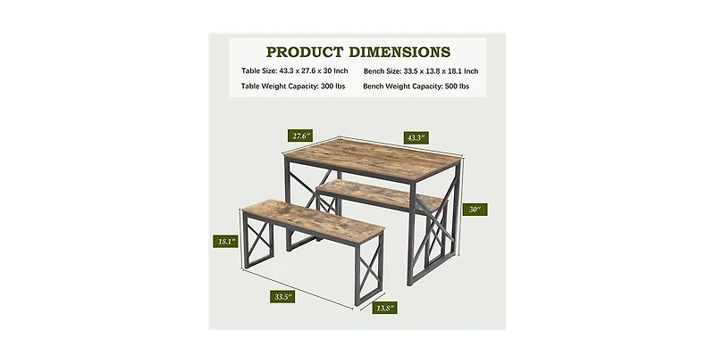 Slickblue Wood-Top Kitchen Dining Table with 2 Backless Benches, Industrial Style