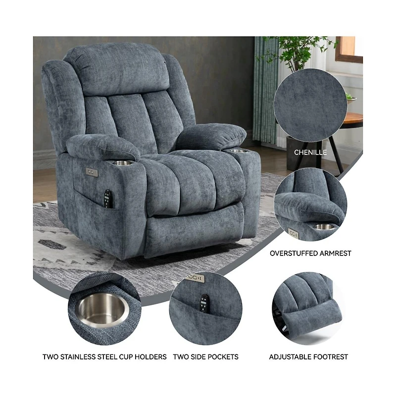 Maison Boucle Power Lift Recliner with Heat & Massage, Electric Chenille Chair Usb Port, Cup Holders Heavy-Duty 350 Lbs Support-Maison