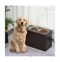 Aostirmotor Dark Brown Raised Pet Feeding Storage Station with 2 Stainless Steel Bowls for Large Dogs