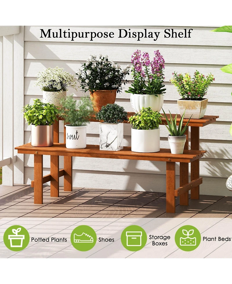 Costway 2 Tier Wood Plant Stand with Teak Oil Finish Indoor & Outdoor Flower Pot Holder