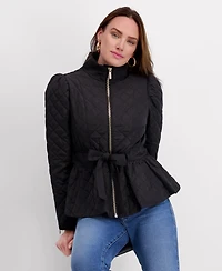 Kensie Women's Quilted Puff Sleeved Belted Jacket