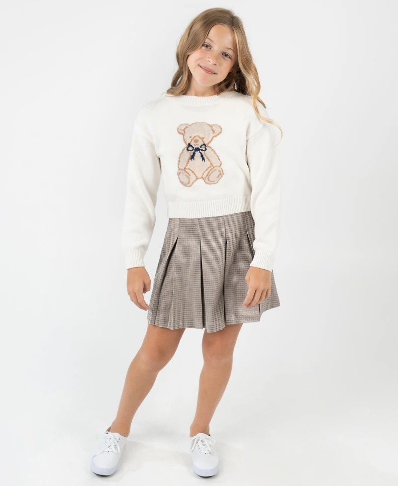 Rare Editions Big Girls 2 piece Teddy Bear Sweater and Plaid Skirt Dress Set