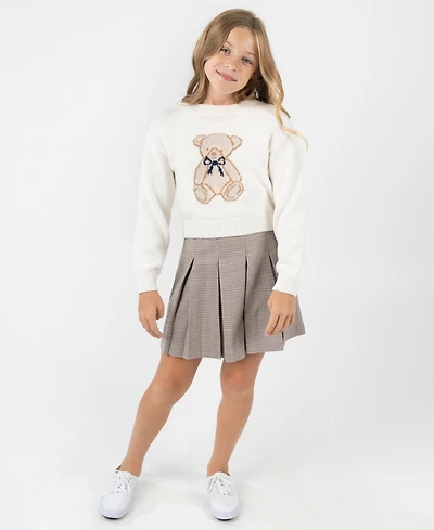Rare Editions Big Girls 2 piece Teddy Bear Sweater and Plaid Skirt Dress Set