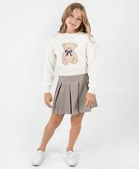Rare Editions Big Girls 2 piece Teddy Bear Sweater and Plaid Skirt Dress Set