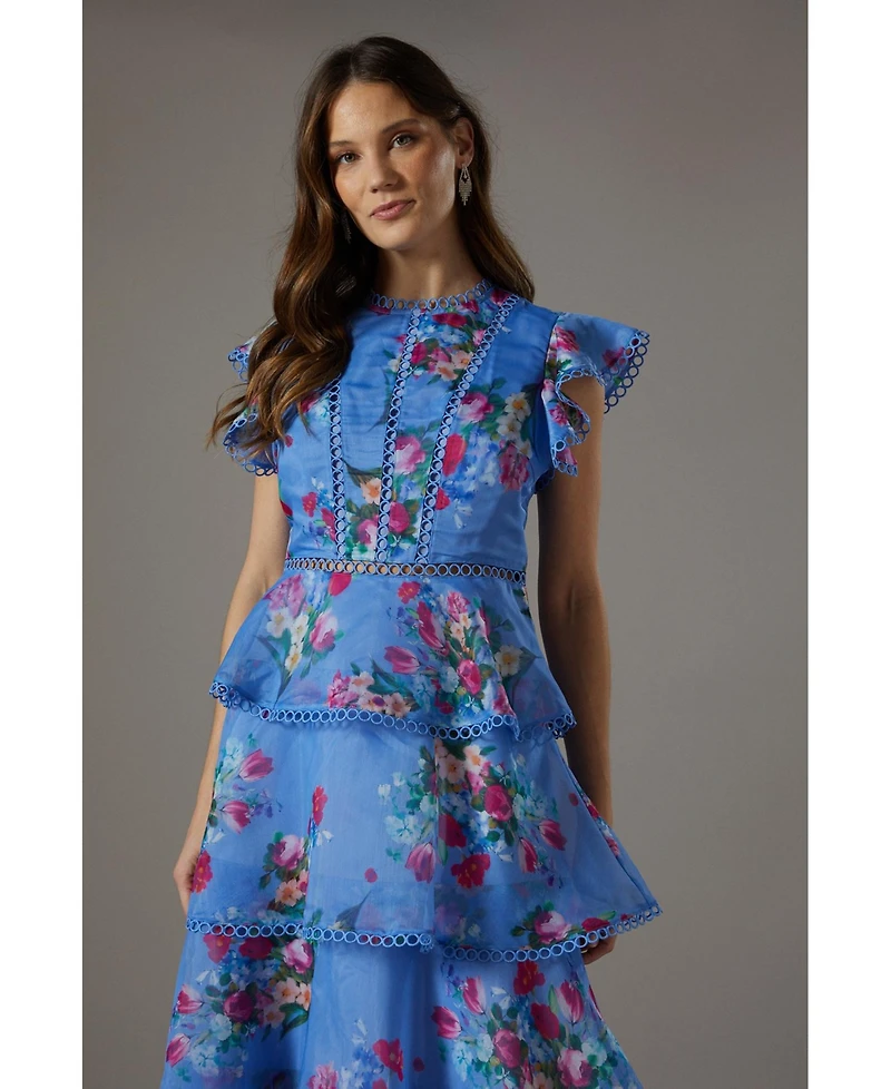 Coast Lace Trim Tiered Organza Midi Dress