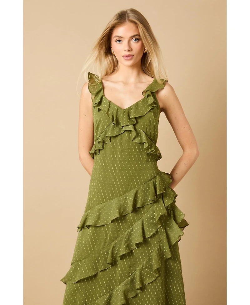 Oasis Women's Dobby Ruffle V Neck Tiered Midi Dress