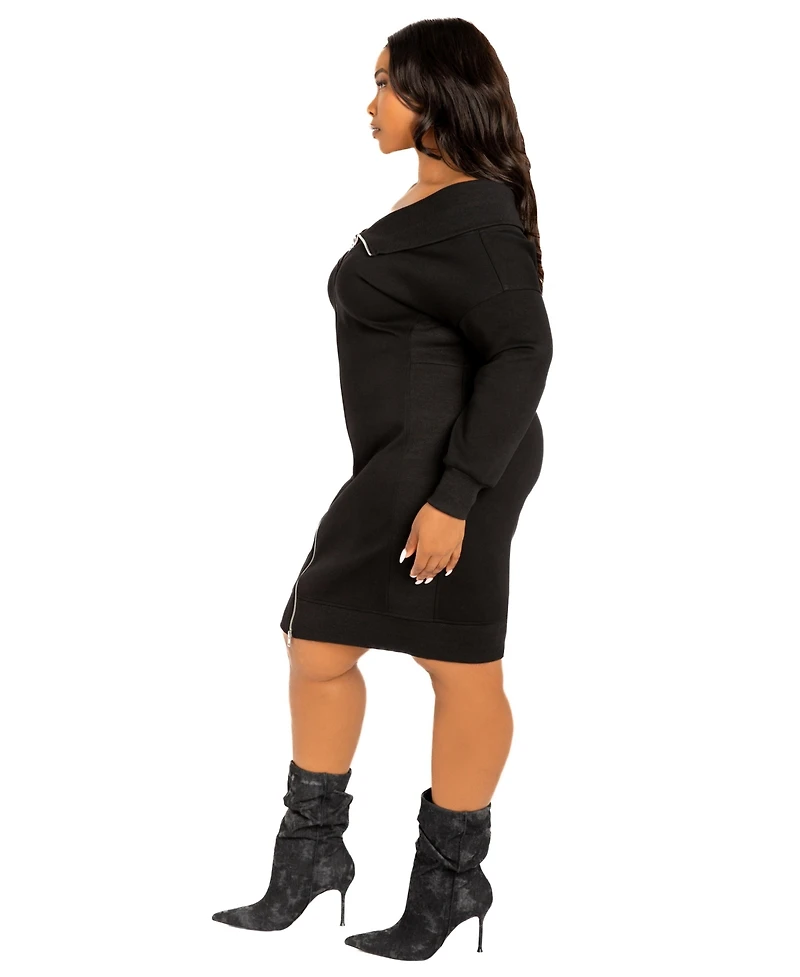 Buxom Couture Women's Plus Off Shoulder Zip-up Sweater Dress