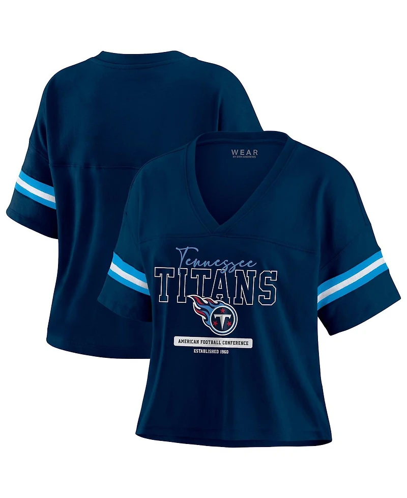 Wear by Erin Andrews Women's Navy Tennessee Titans Color Block Boxy Modest Crop V-Neck T-Shirt