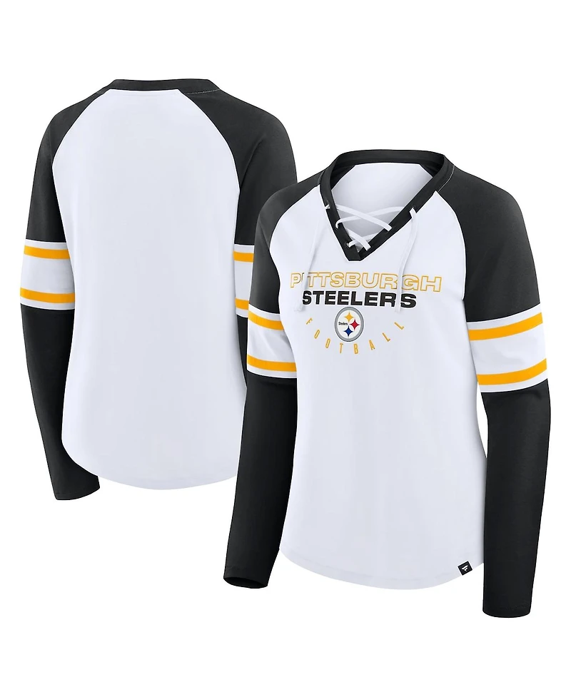 Fanatics Women's White/Black Pittsburgh Steelers Redzone Blitz Package Raglan Lace-Up V-Neck Long Sleeve T-Shirt