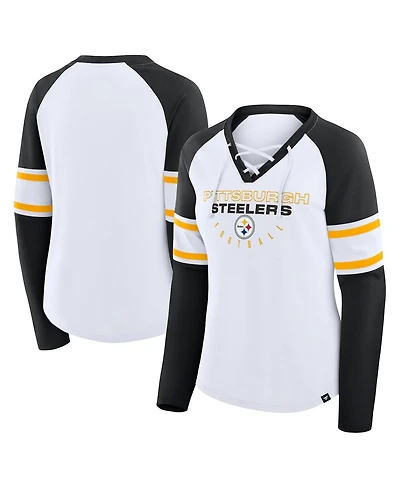 Fanatics Women's White/Black Pittsburgh Steelers Redzone Blitz Package Raglan Lace-Up V-Neck Long Sleeve T-Shirt