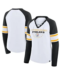 Fanatics Women's White/Black Pittsburgh Steelers Redzone Blitz Package Raglan Lace-Up V-Neck Long Sleeve T-Shirt