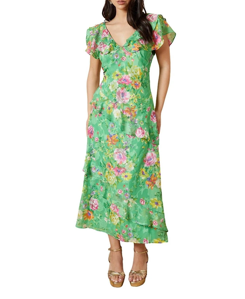 Oasis Women's Ruffle Sleeve Jacquard Midi Dress