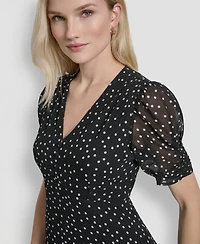 Dkny Women's Polka-dot V-neck Button-trim Midi Dress