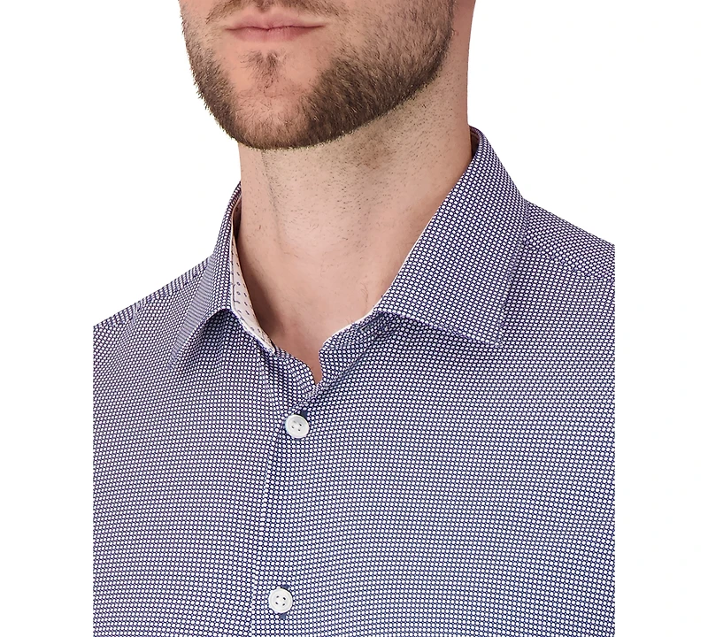 Report Collection Men's Long Sleeve 4-Way Bubble Print Dress Shirt