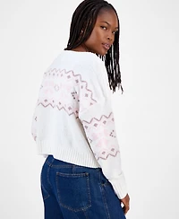 Hippie Rose Juniors' Patterned Knit Chenille Crewneck Sweater