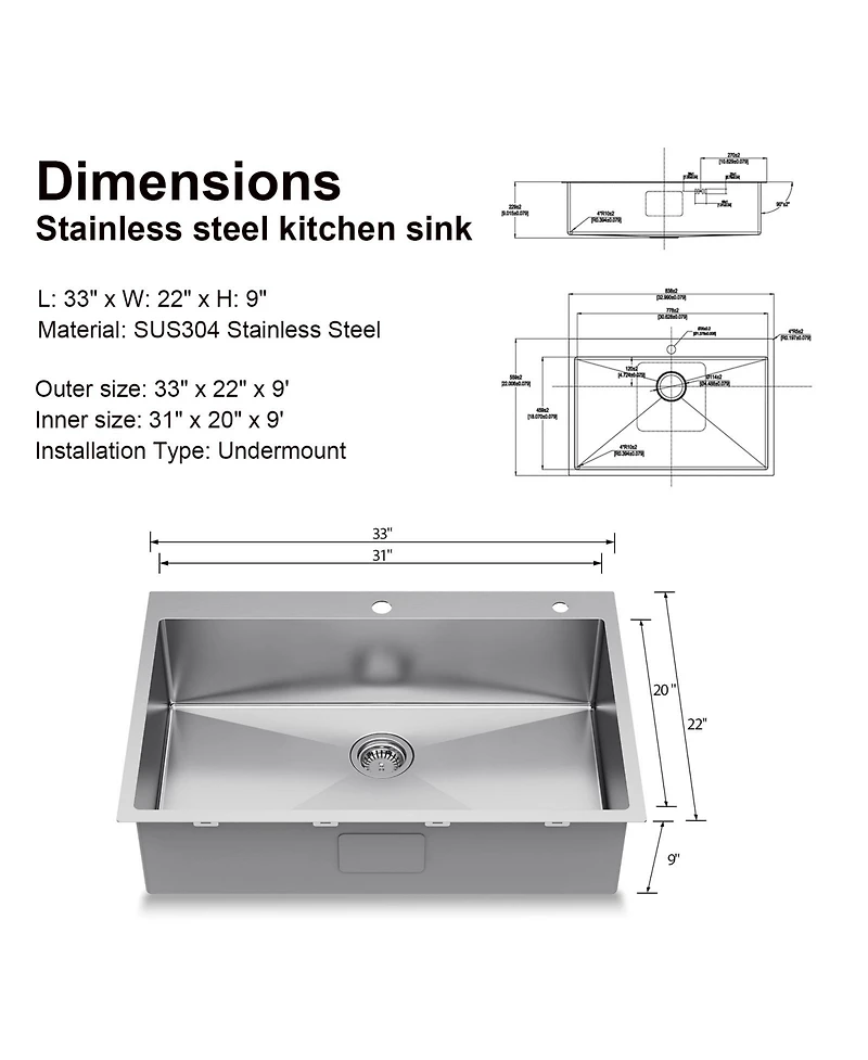 Mega Casa Kitchen Sink SUS304 Stainless Steel 18 Gauge Single Deep Bowl Family and Farmhouse Sink with Accessories 33"x22"x9"