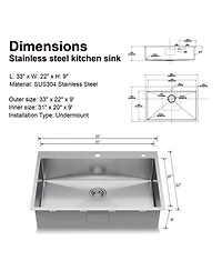 Mega Casa Kitchen Sink SUS304 Stainless Steel 18 Gauge Single Deep Bowl Family and Farmhouse Sink with Accessories 33"x22"x9"