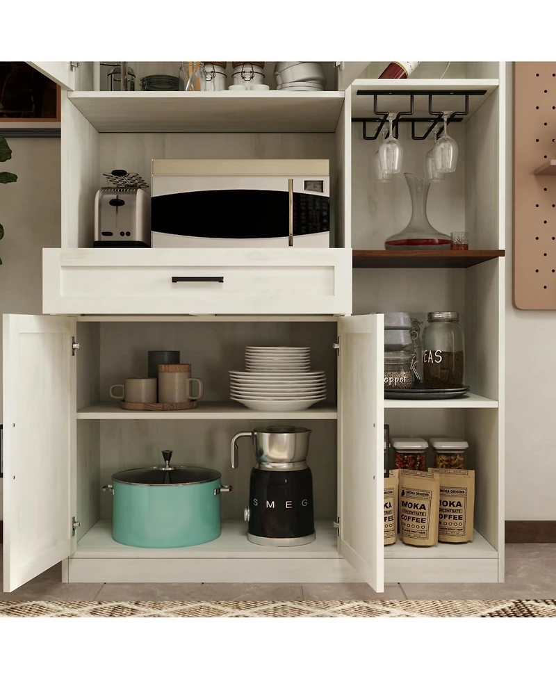 Vanirror Antique White 71" Farmhouse Pantry Hutch Cabinet, Barn Door Kitchen Storage with Led Lights & Adjustable Shelves, Freestanding Sideboard with