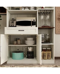 Vanirror Antique White 71" Farmhouse Pantry Hutch Cabinet, Barn Door Kitchen Storage with Led Lights & Adjustable Shelves, Freestanding Sideboard with