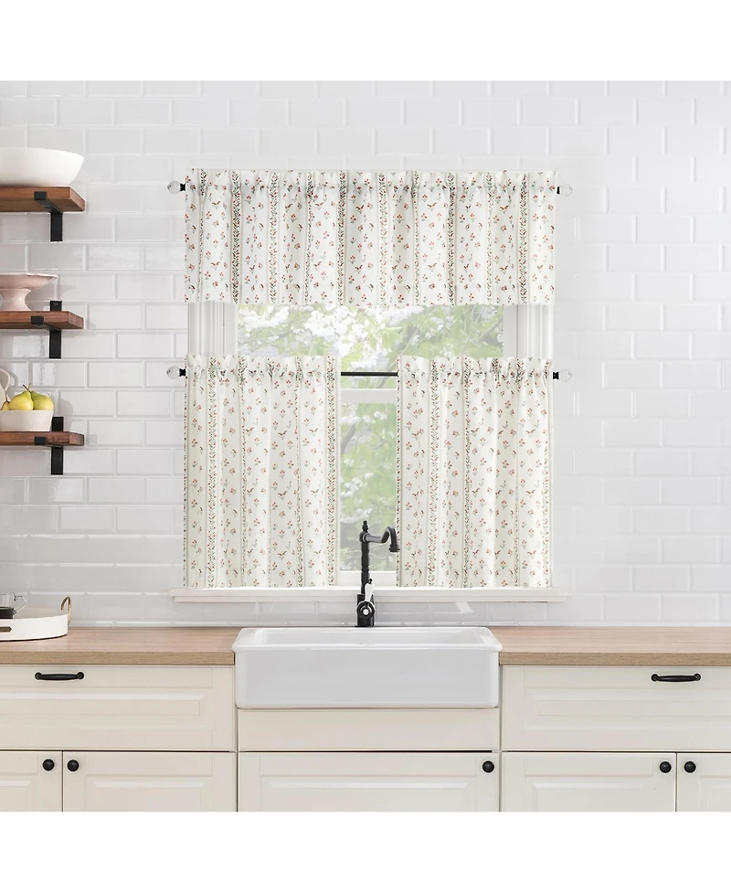 Ridgewood Floral Stripe Semi-Sheer Rod Pocket Kitchen Curtain Tier Pair