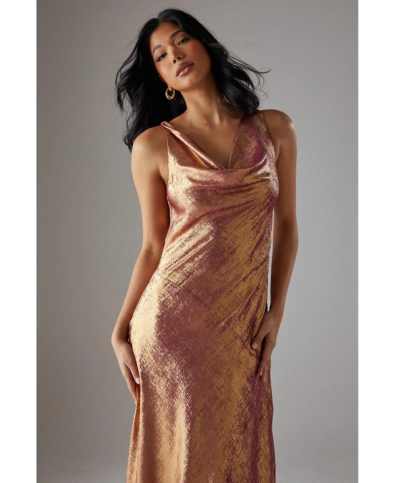 Warehouse Women's Metallic Lame Cowl Neck Maxi Dress