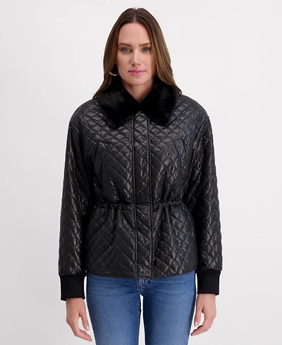 Kensie Women's Cinched Waist Quilted Jacket with Faux Fur Collar