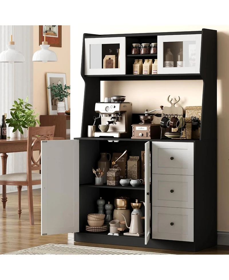 gaomon "22; Kitchen Pantry Cabinet with Microwave Shelf, Freestanding Hutch Cabinet with 3 Drawers and Led Lights, Tall Storage Cabinet with Counterto
