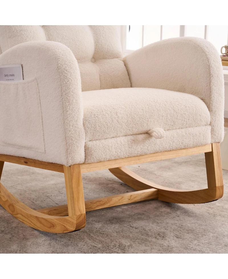 Flynama Plush Accent Rocking Chair with Footrest, Cream White High-Back Rocker, Rubber Wood Lounge Chair for Nursery & Living Room, 38.36"W x 26.77"D