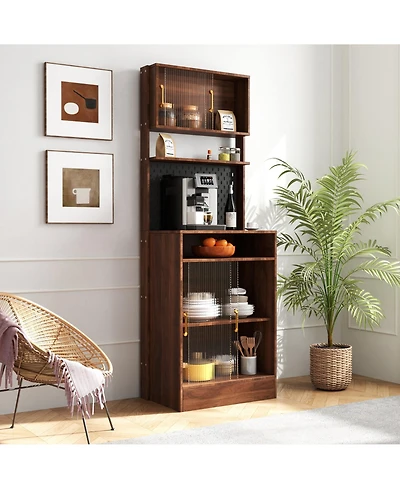 Casainc Kitchen Pantry Sideboard with Sliding Glass Doors and Countertop Storage Cabinet