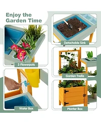 Gymax Wooden Potting Bench for Kids w/ See-Through Window Planter Box Garden Trellis