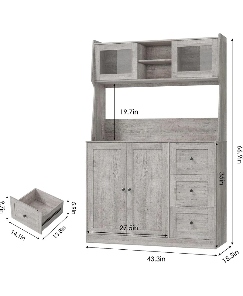 gaomon 67" Tall Kitchen Hutch Storage Cabinet, Farmhosue Coffee Bar Cabinet with 3 Drawers and Led Lights, Freestanding Food Pantry Countertop fo