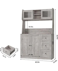 gaomon 67" Tall Kitchen Hutch Storage Cabinet, Farmhosue Coffee Bar Cabinet with 3 Drawers and Led Lights, Freestanding Food Pantry Countertop fo