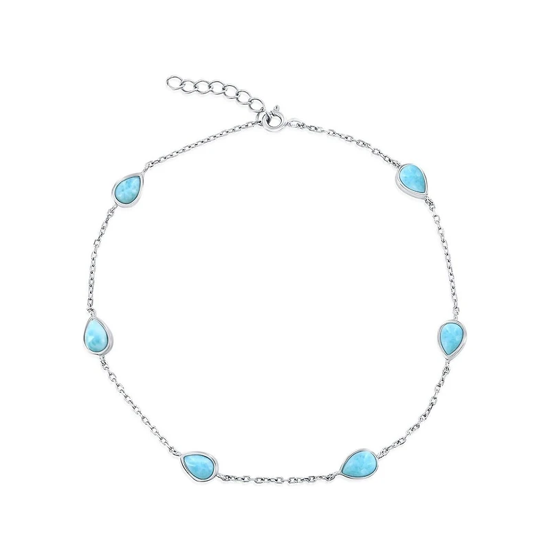 Caribbean Treasures Sterling Silver, Pearshaped Larimar Anklet