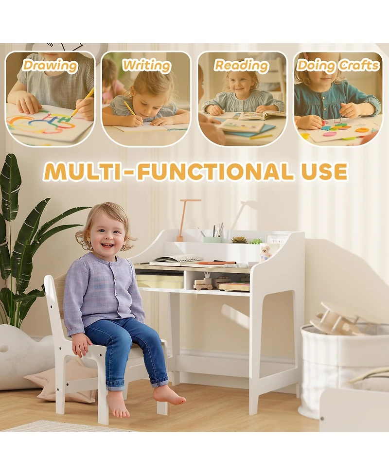 Qaba Kids Desk and Chair Set, Children Study Table with Chair,
