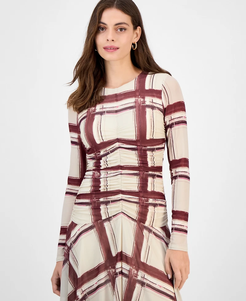 Rachel Roy Women's Jendice Mesh Plaid Print Midi Dress