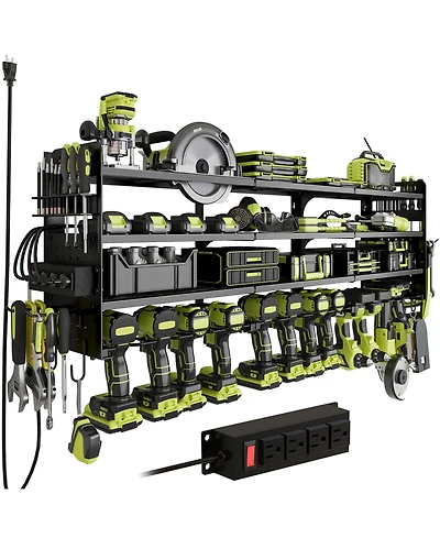 Hausource 4-Tier Power Tool Organizer with Pegboard, 12-Slot Drill Rack & Power Strip,Black