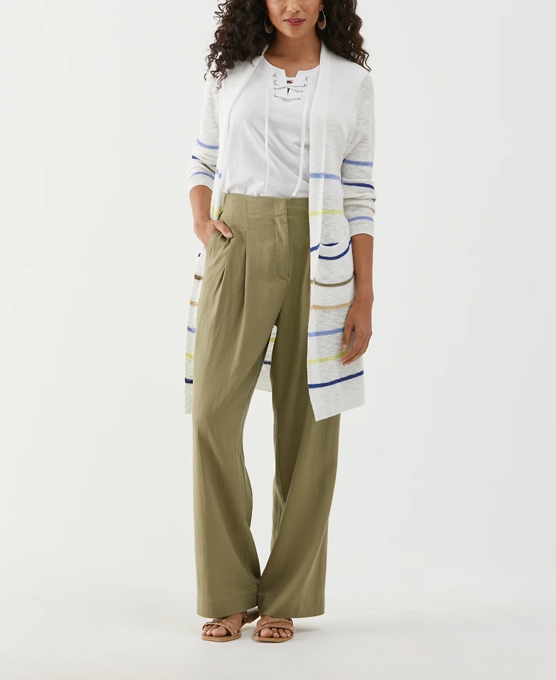 Ella Rafaella Women's Cotton-Linen Blend Striped Duster Long Sleeve Cardigan Sweater