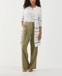 Ella Rafaella Women's Cotton-Linen Blend Striped Duster Long Sleeve Cardigan Sweater