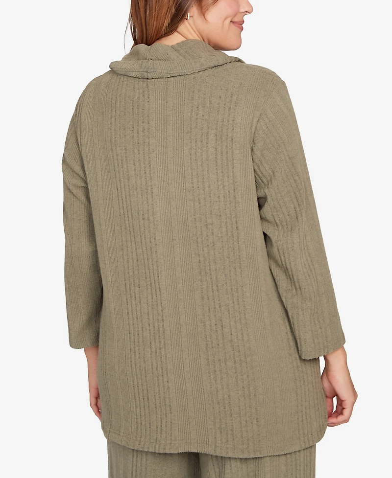 Hearts Of Palm Plus Solid Texture Hatchi Cowl Neck Tunic Top