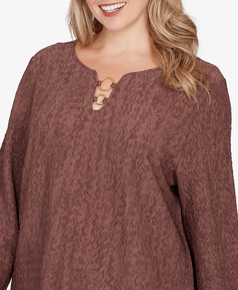 Hearts Of Palm Plus Novelty Crinkle 3/4 Sleeve Top