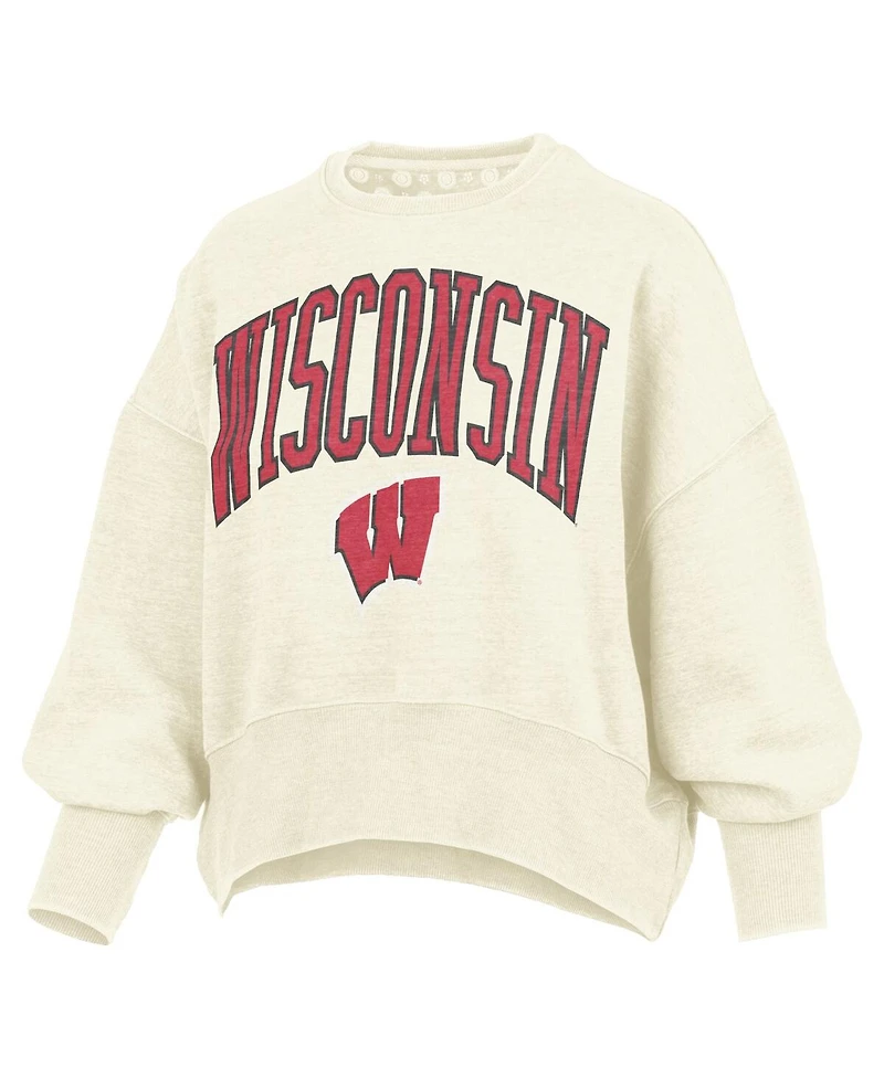 Pressbox Women's Natural Wisconsin Badgers Oversized Waist-Length Crewneck Sweatshirt