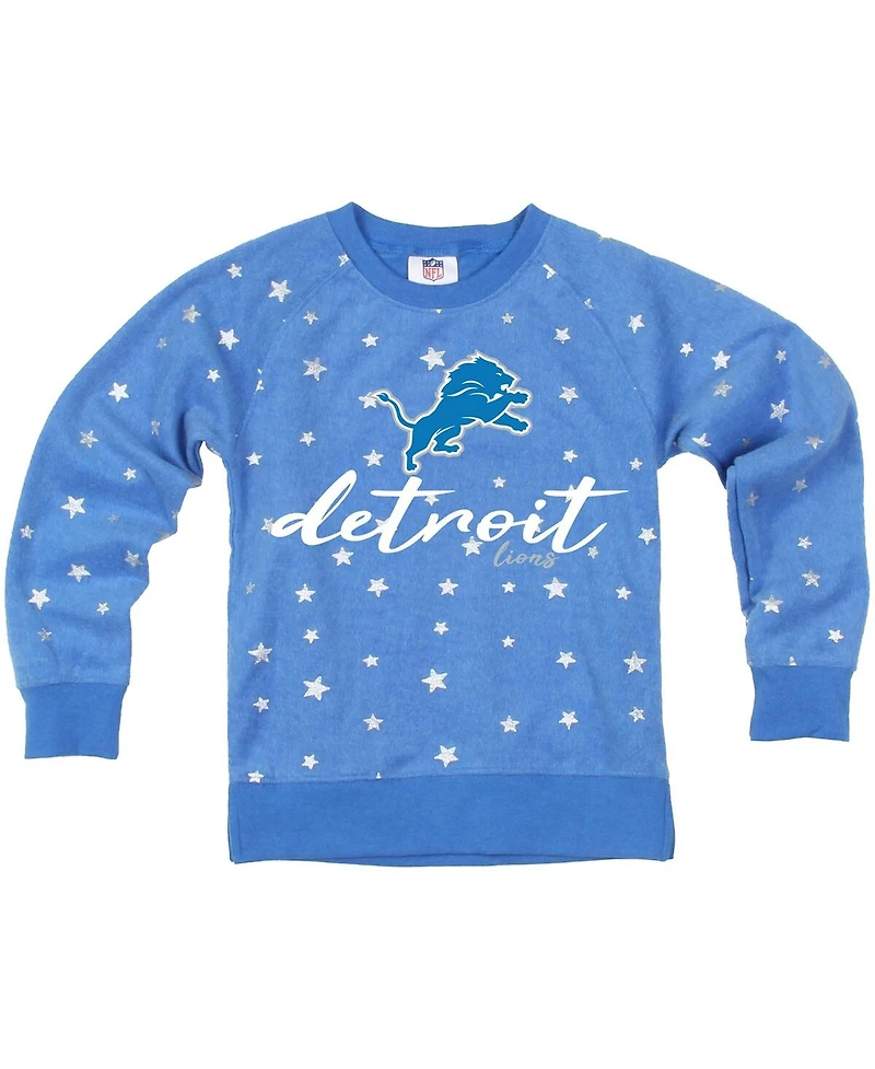 Wes & Willy Big Girls Blue Detroit Lions Shimmer Star Reverse Fleece Pullover Sweatshirt