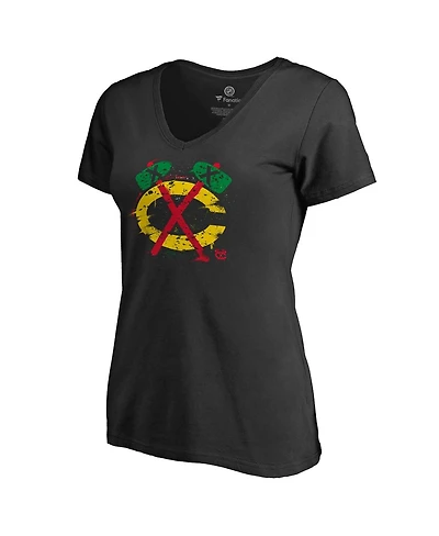 Fanatics Mto Label Women's Black Chicago Blackhawks Splatter Logo V-Neck T-Shirt