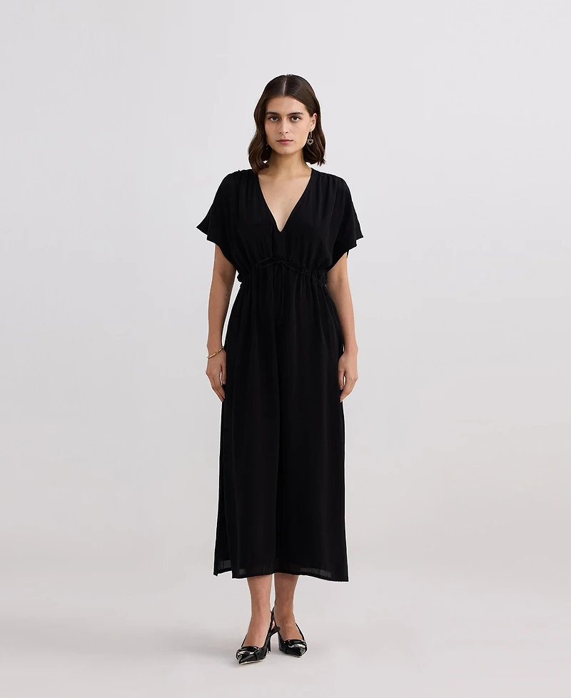 Reistor Women's V-neck Gathered Maxi Dress Black