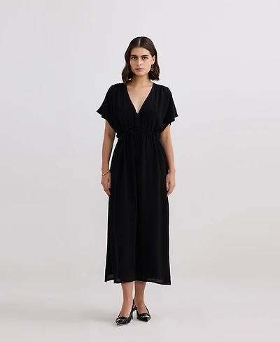 Reistor Women's V-neck Gathered Maxi Dress Black